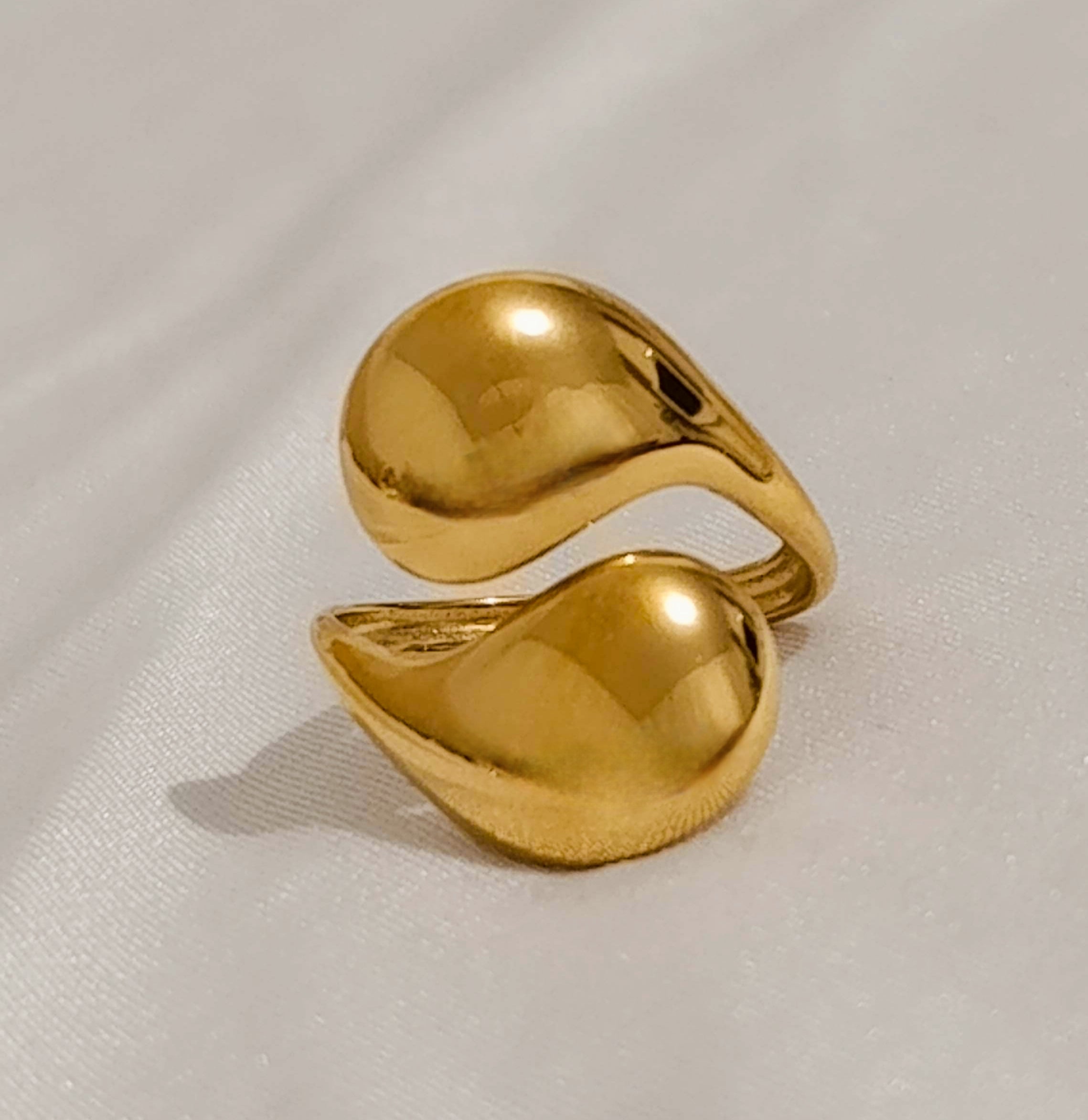 Bague Dorée Double Goutte Bombée Ajustable - Acier Inoxydable