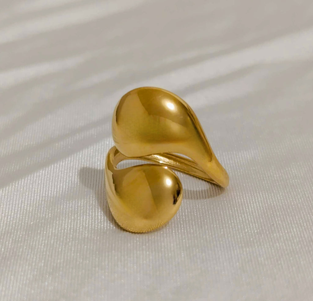 Bague Dorée Double Goutte Bombée Ajustable - Acier Inoxydable