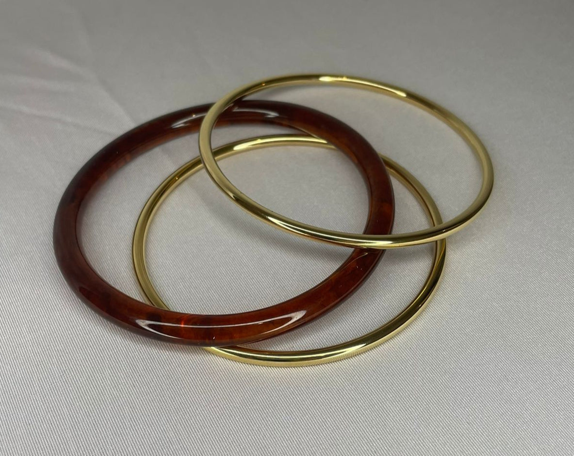 Trio Bracelets Joncs Résine Ambré et Acier Doré
