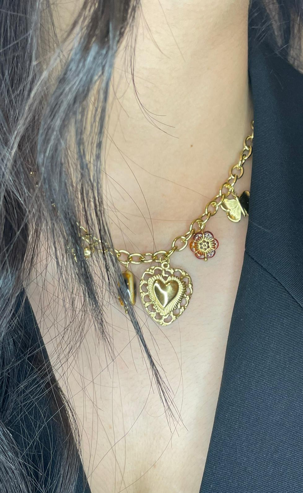 Collier Doré à Breloques Cœur Papillon Perle Léopard