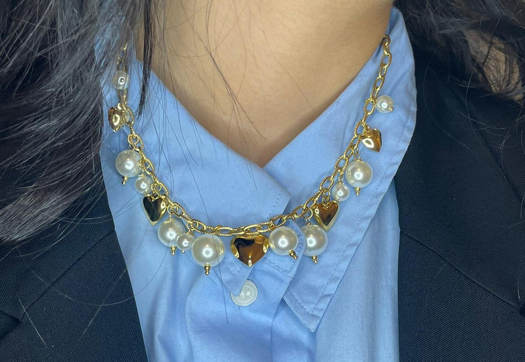 Collier Doré Cœurs Perles Nacrées- Acier Inoxydable