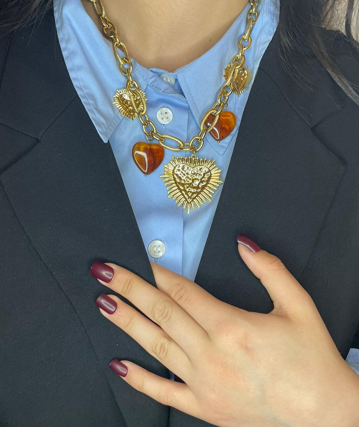 Collier Breloques Cœurs Sacrés Pierres Ambrées-Acier Inoxydable