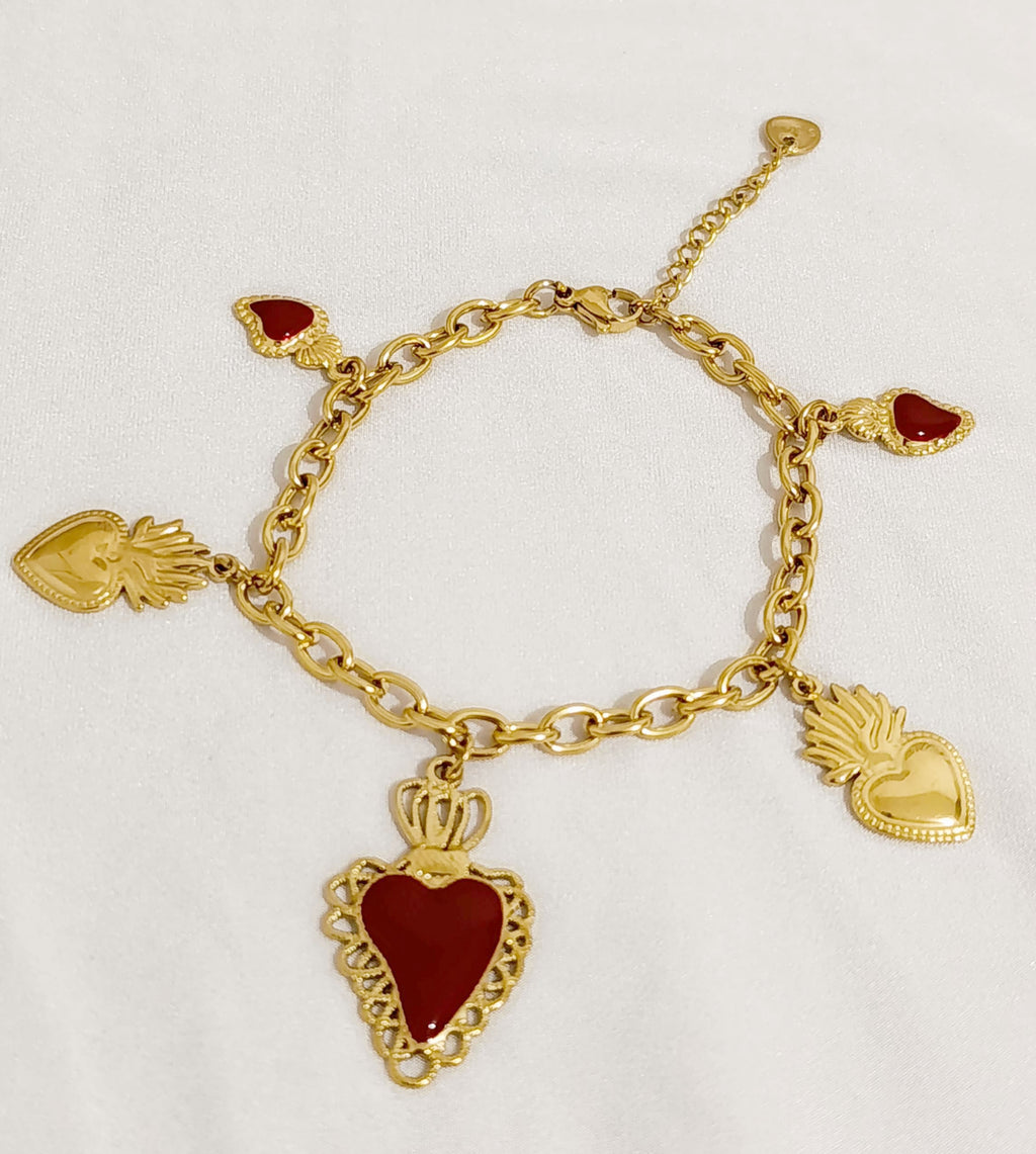 Bracelet Doré à Breloques Cœurs Sacrés Bordeaux- Acier Inoxydable
