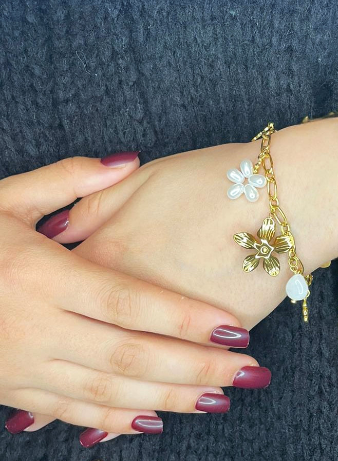 Bracelet Doré à Breloques Fleurs Perles Pierre Blanche-Acier Inoxydable