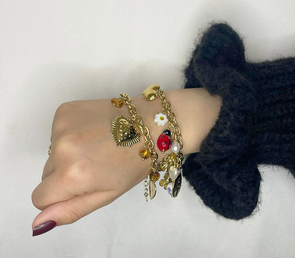 Bracelet Doré à Breloques Multiples Charms Fleurs Perles- Acier Inoxydable