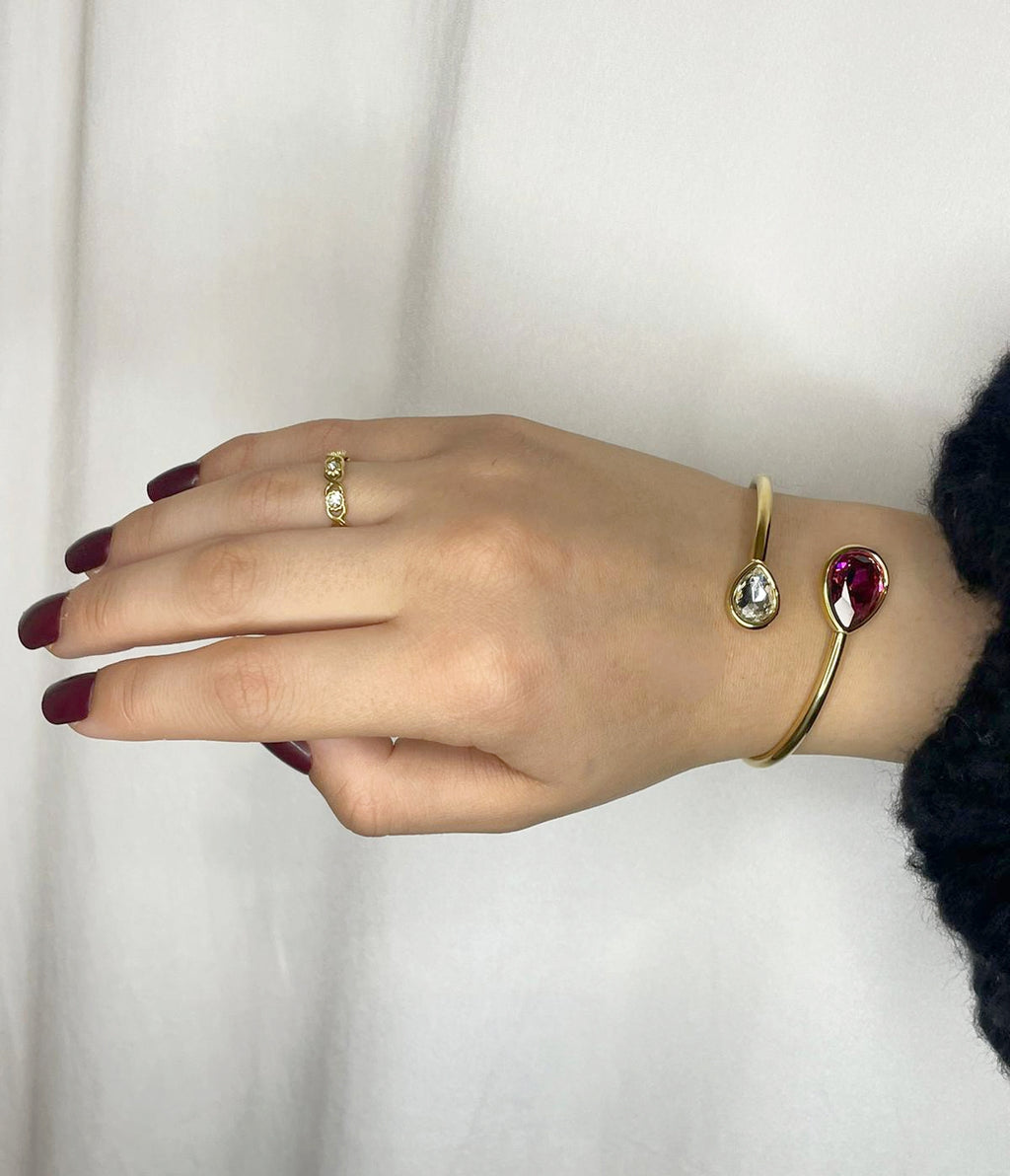 Bracelet Jonc Doré Double Pierre Goutte Cristal Bordeaux- Acier Inoxydable