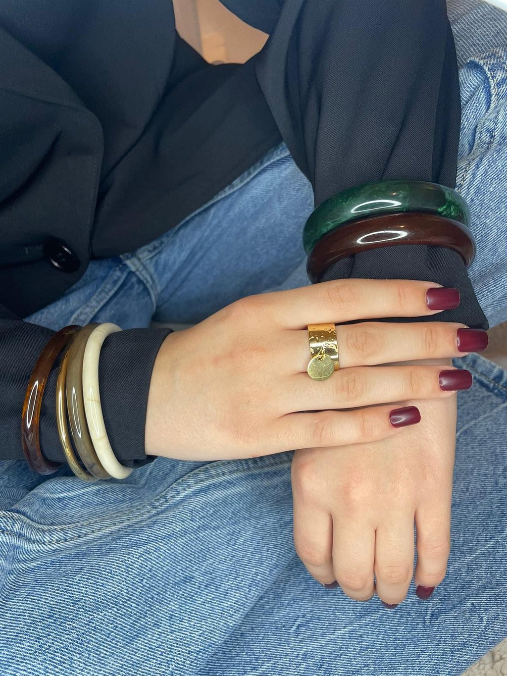 Bague Dorée Large Martelée Pampille Ronde- Acier Inoxydable