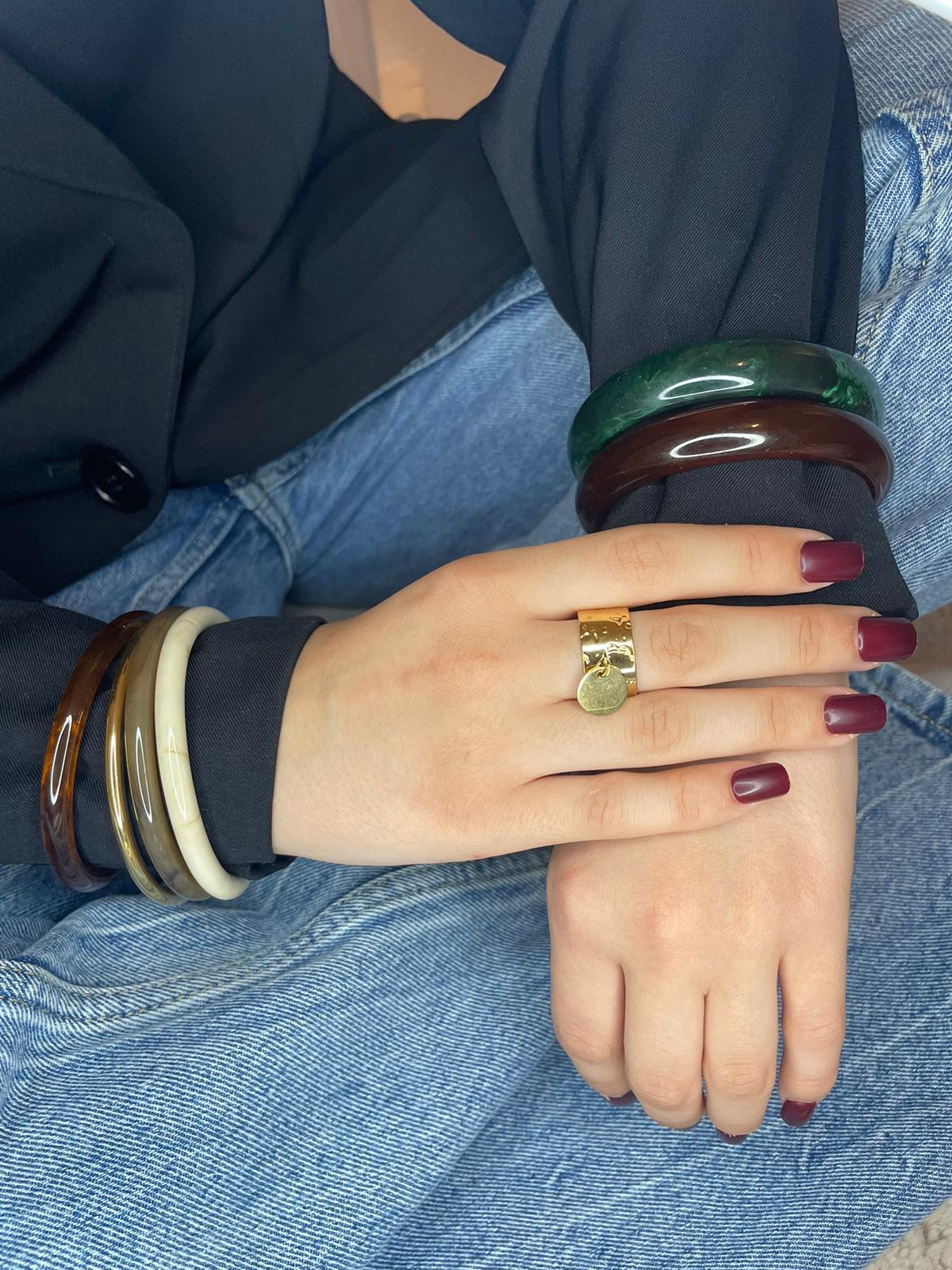 Bague Dorée Large Martelée Pampille Ronde- Acier Inoxydable