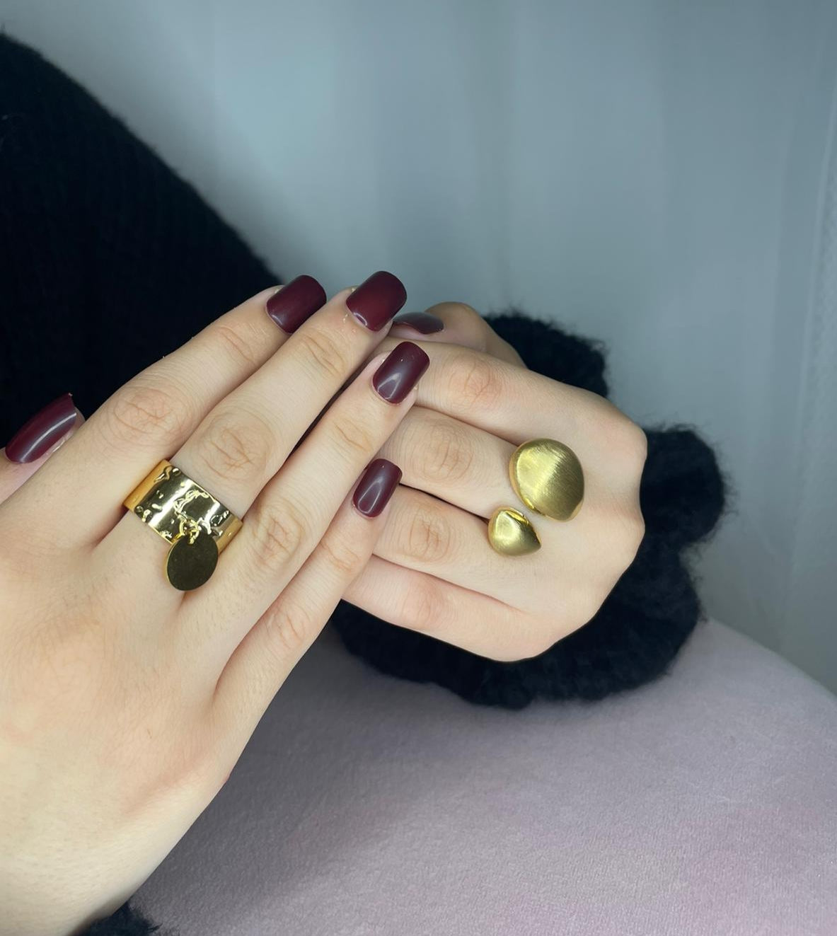 Bague Dorée Double Ovale Brossée Ajustable- Acier Inoxydable