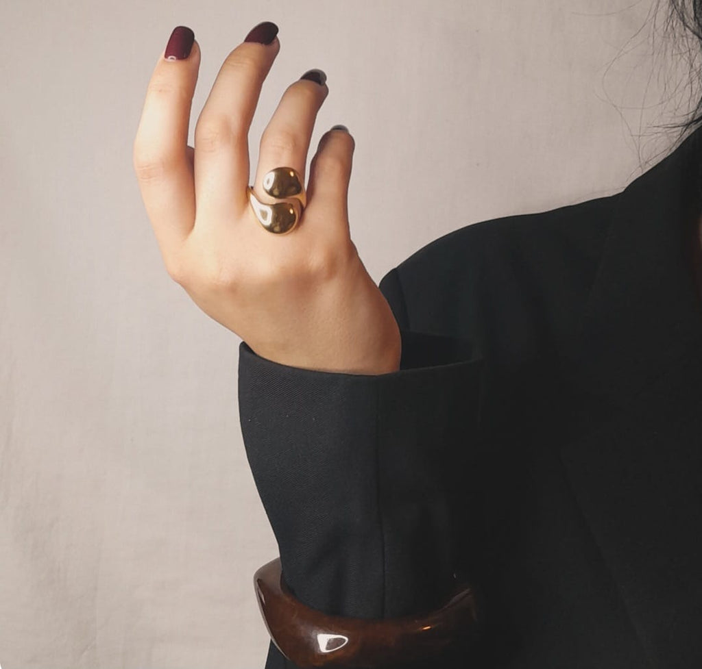 Bague Dorée Double Goutte Bombée Ajustable - Acier Inoxydable