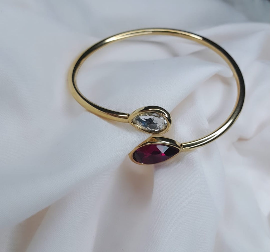 Bracelet Jonc Doré Double Pierre Goutte Cristal Bordeaux- Acier Inoxydable