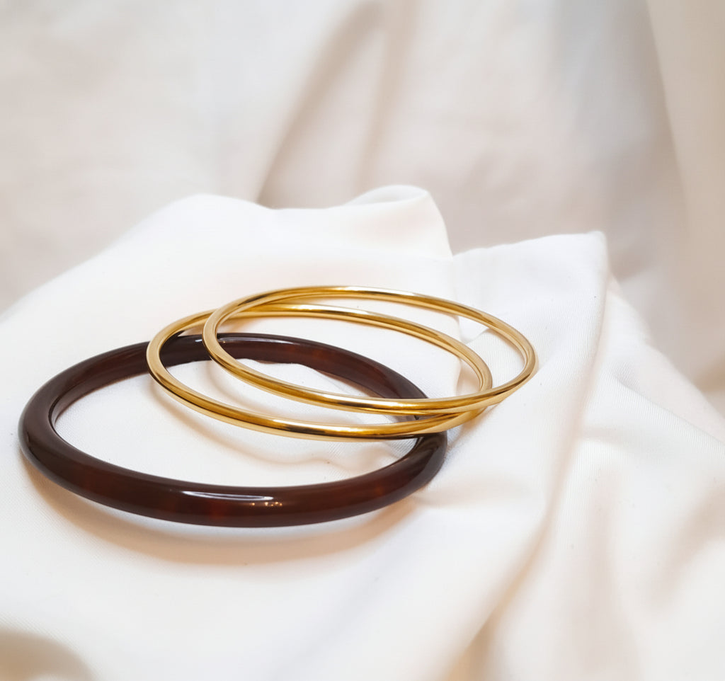 Trio Bracelets Joncs Résine Ambré et Acier Doré