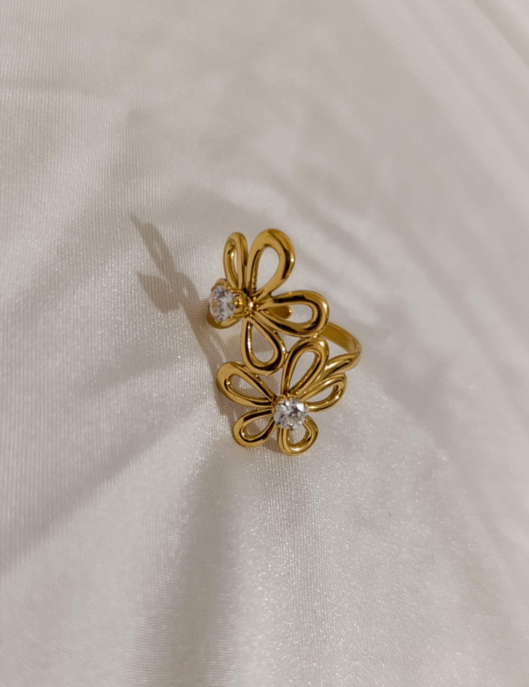 Bague Dorée Double Fleur Strass Ajustable-Acier Inoxydable