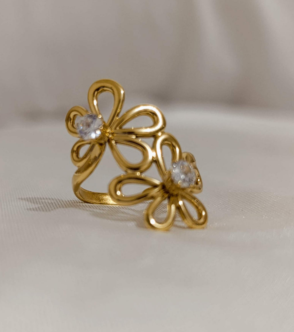 Bague Dorée Double Fleur Strass Ajustable-Acier Inoxydable