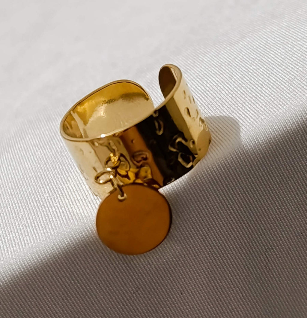 Bague Dorée Large Martelée Pampille Ronde- Acier Inoxydable