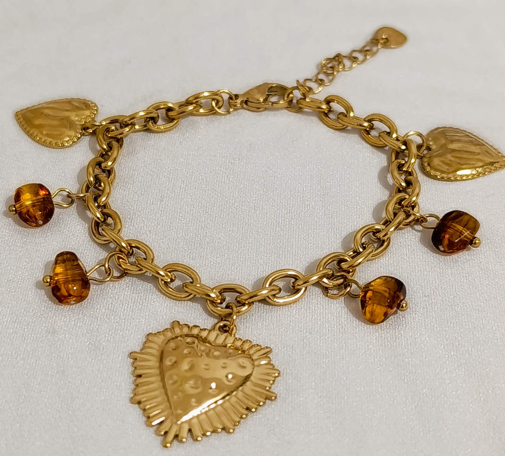 Bracelet Doré à Breloques Cœur Sacré Perles Ambrées- Acier Inoxydable