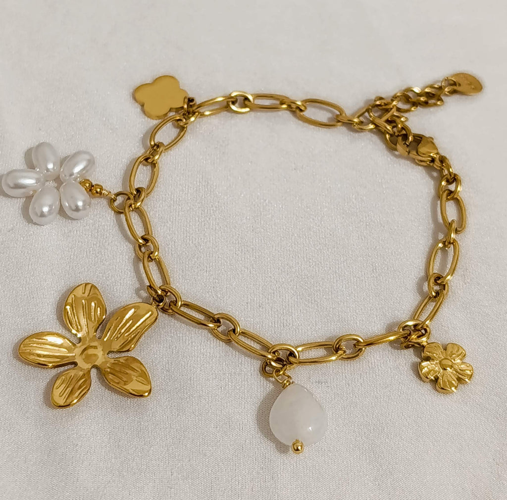Bracelet Doré à Breloques Fleurs Perles Pierre Blanche-Acier Inoxydable