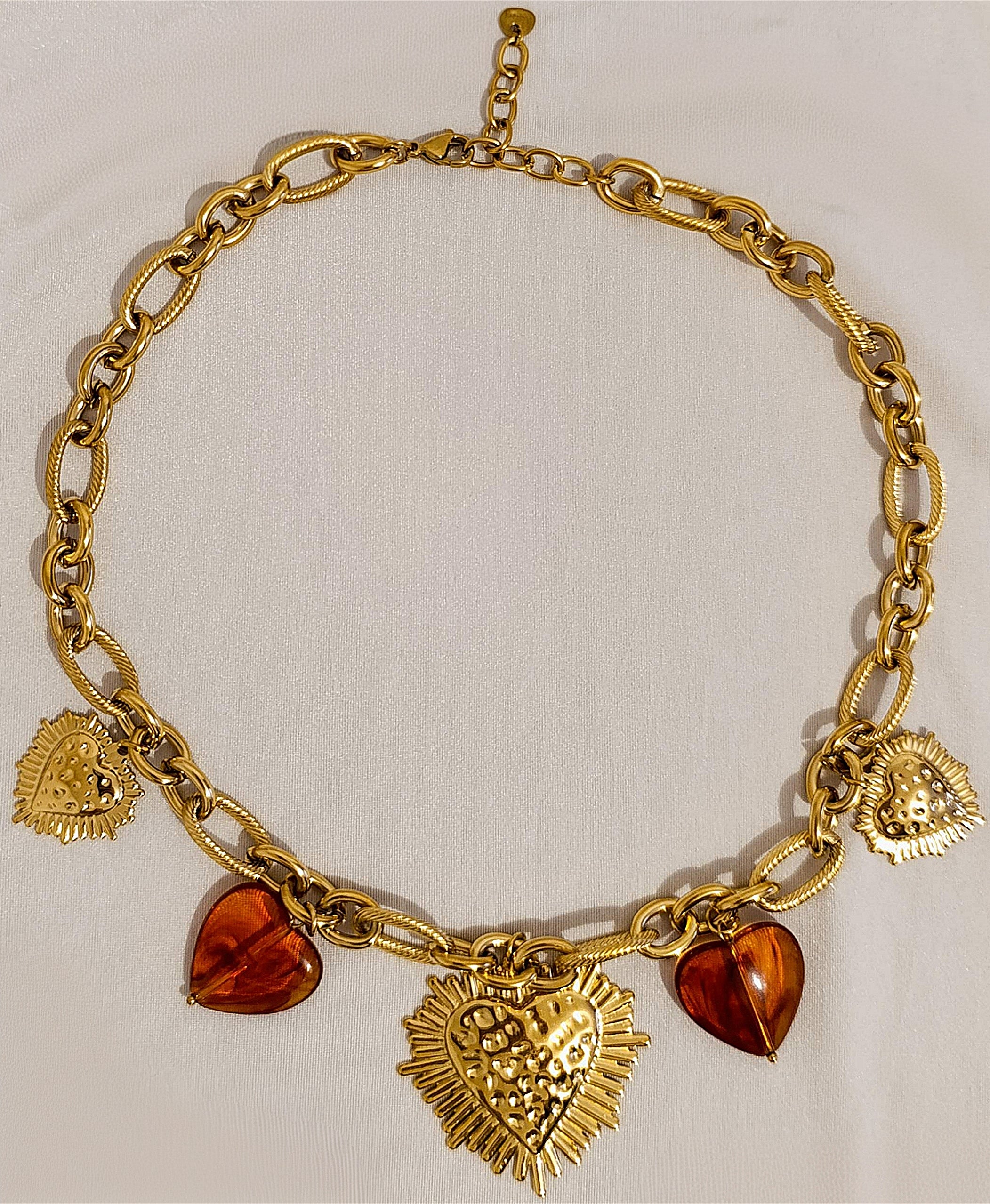 Collier Breloques Cœurs Sacrés Pierres Ambrées-Acier Inoxydable