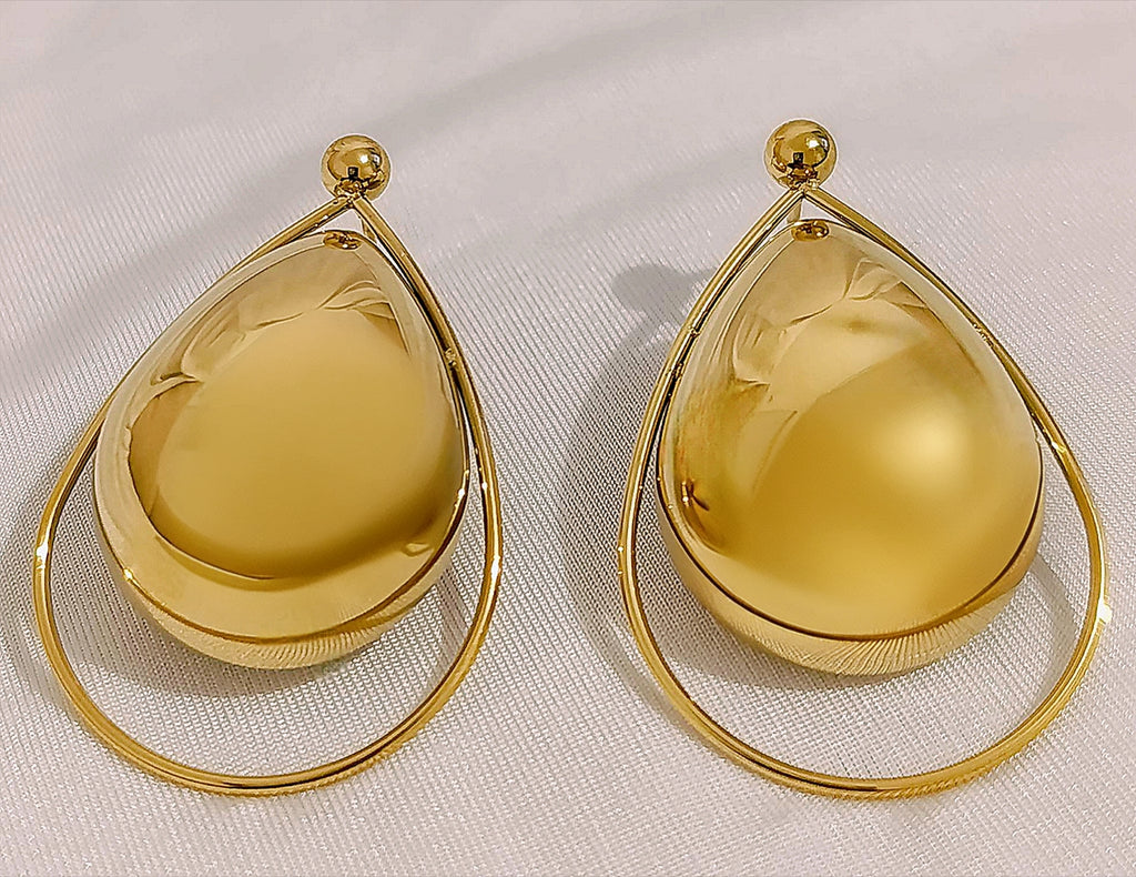Boucles d'Oreilles Dorées Double Goutte Bombée-Acier Inoxydable