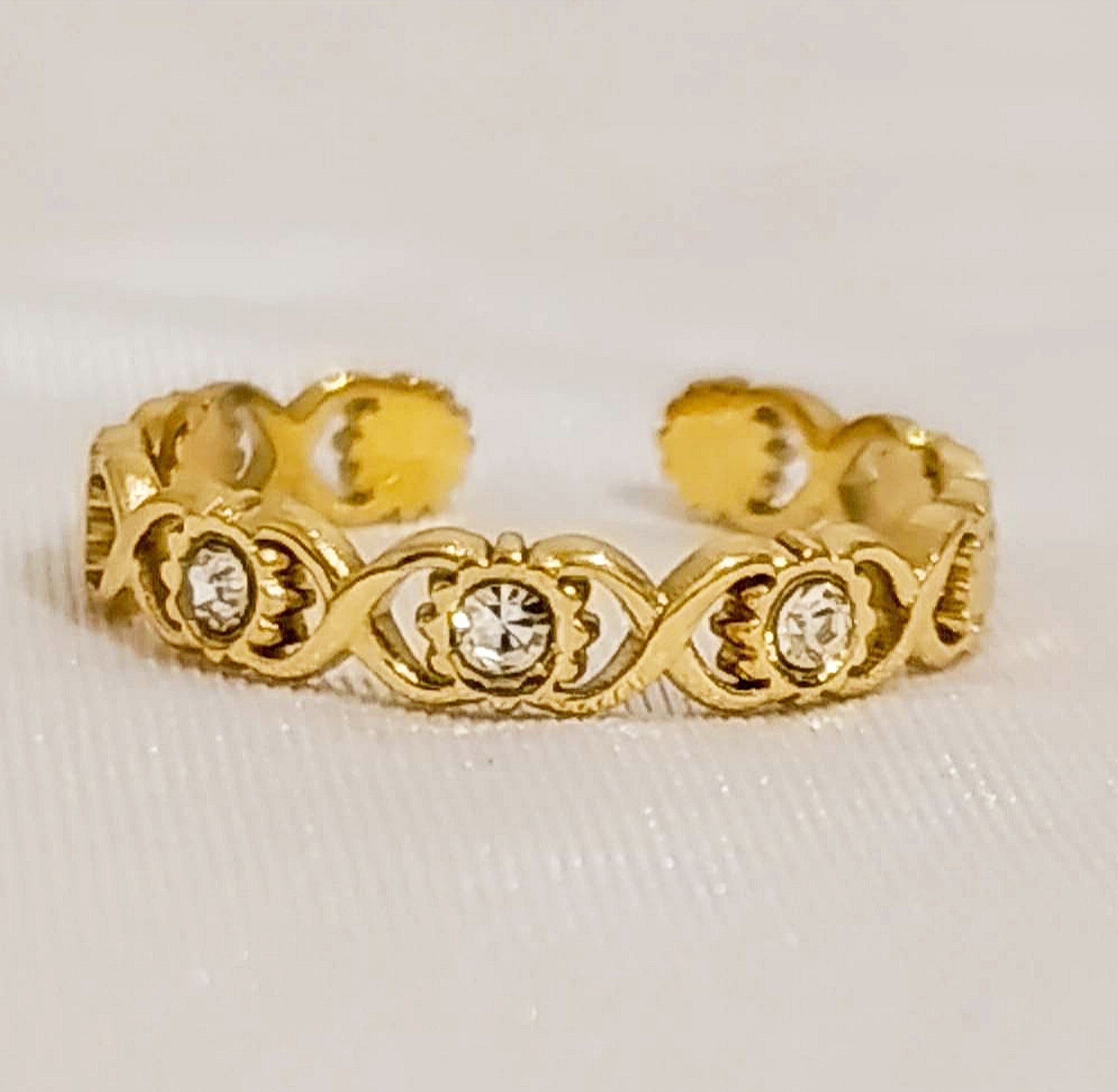 Bague Dorée Ajouré Ajustable Strass Cristal- Acier Inoxydable