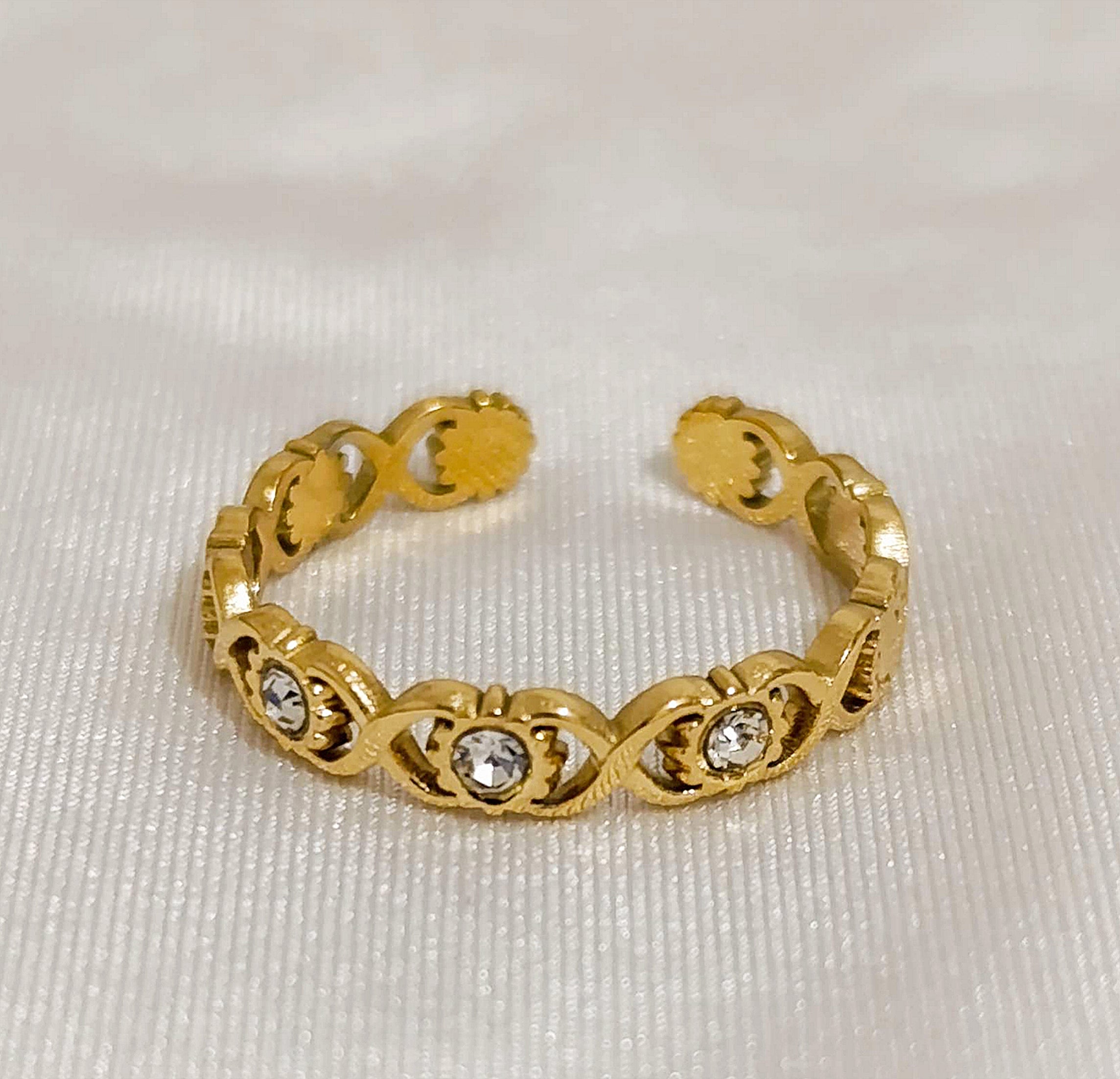 Bague Dorée Ajouré Ajustable Strass Cristal- Acier Inoxydable