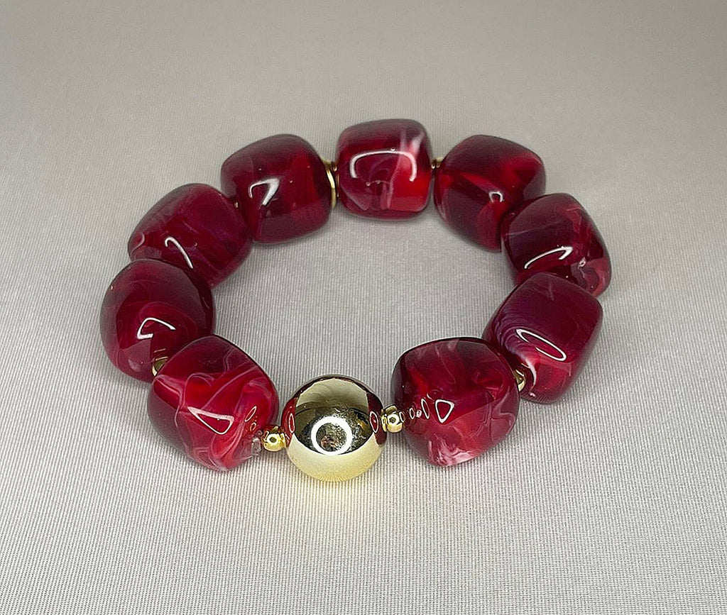 Bracelet Résine Rouge Bordeaux Perle Dorée