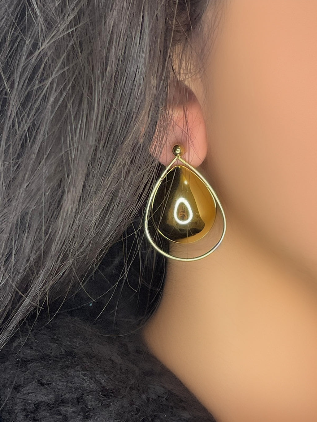 Boucles d'Oreilles Dorées Double Goutte Bombée-Acier Inoxydable