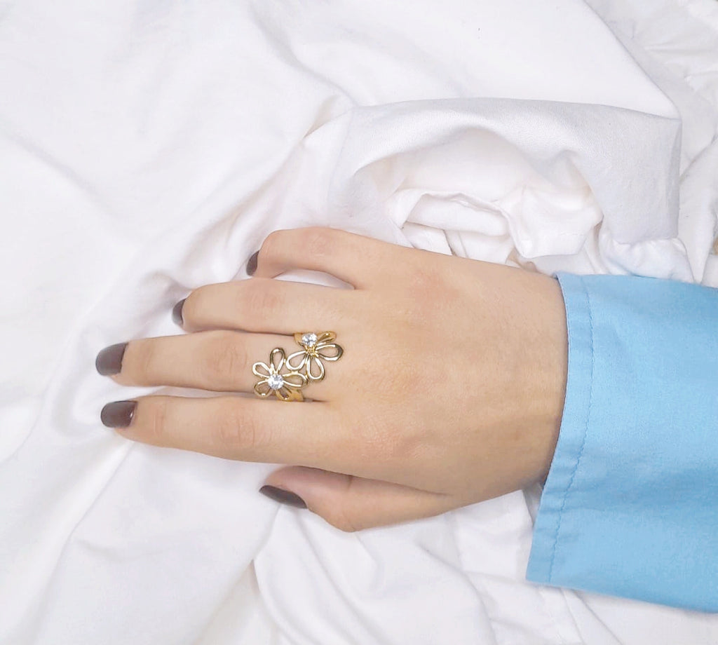 Bague Dorée Double Fleur Strass Ajustable-Acier Inoxydable